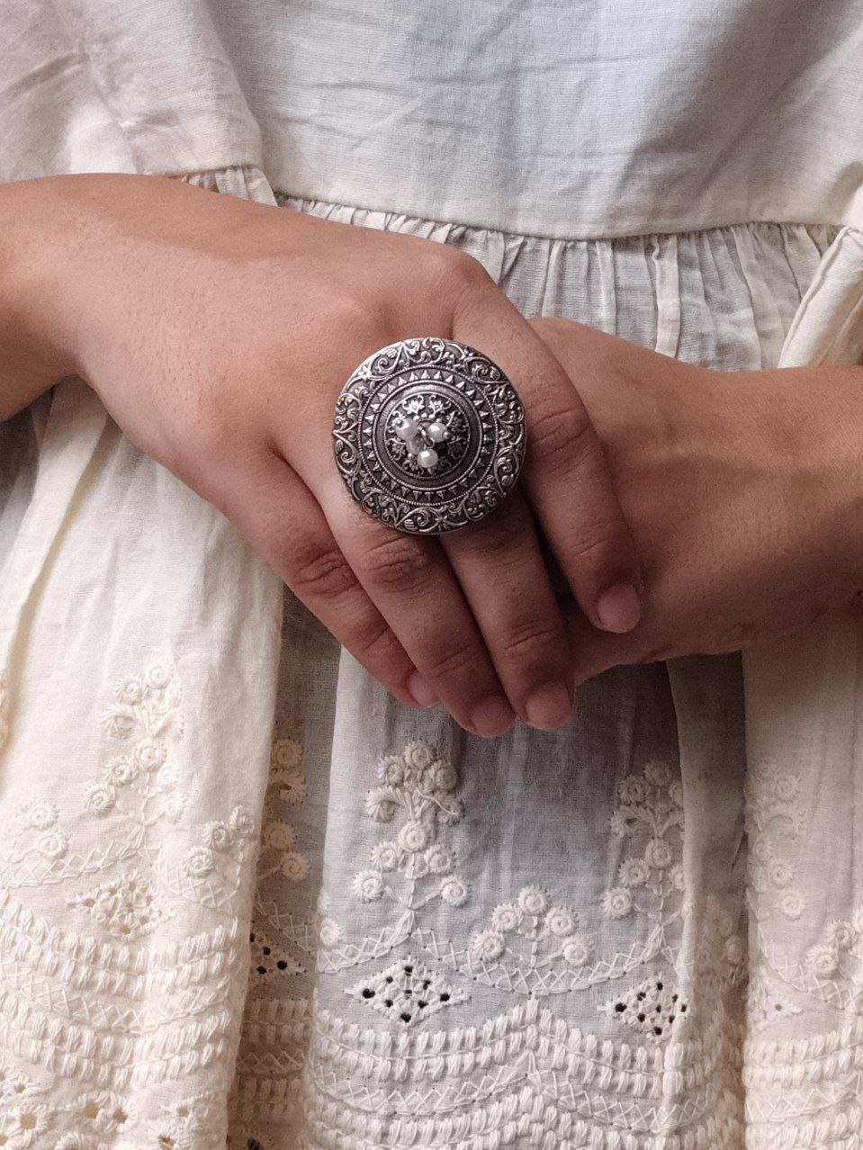 Adjustable Floral Art Pearl Work Ring | Oxidized Silver Replica Ethnic Perfect Jewelry for Women 5 Oxidized Silver Replica Floral Art Pearl Work Adjustable Ring for Women