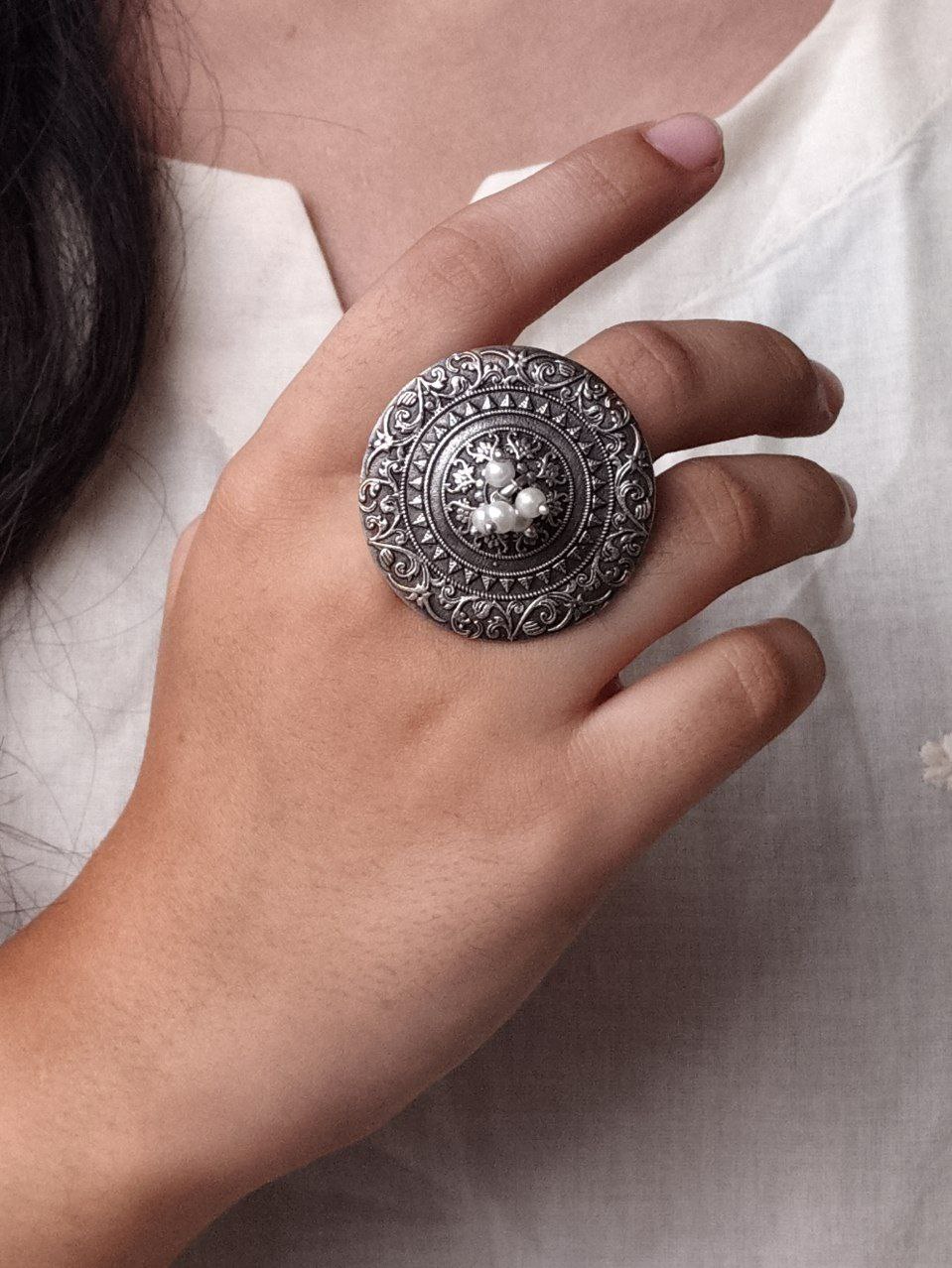 Adjustable Floral Art Pearl Work Ring | Oxidized Silver Replica Ethnic Perfect Jewelry for Women 2 Oxidized Silver Replica Floral Art Pearl Work Adjustable Ring for Women
