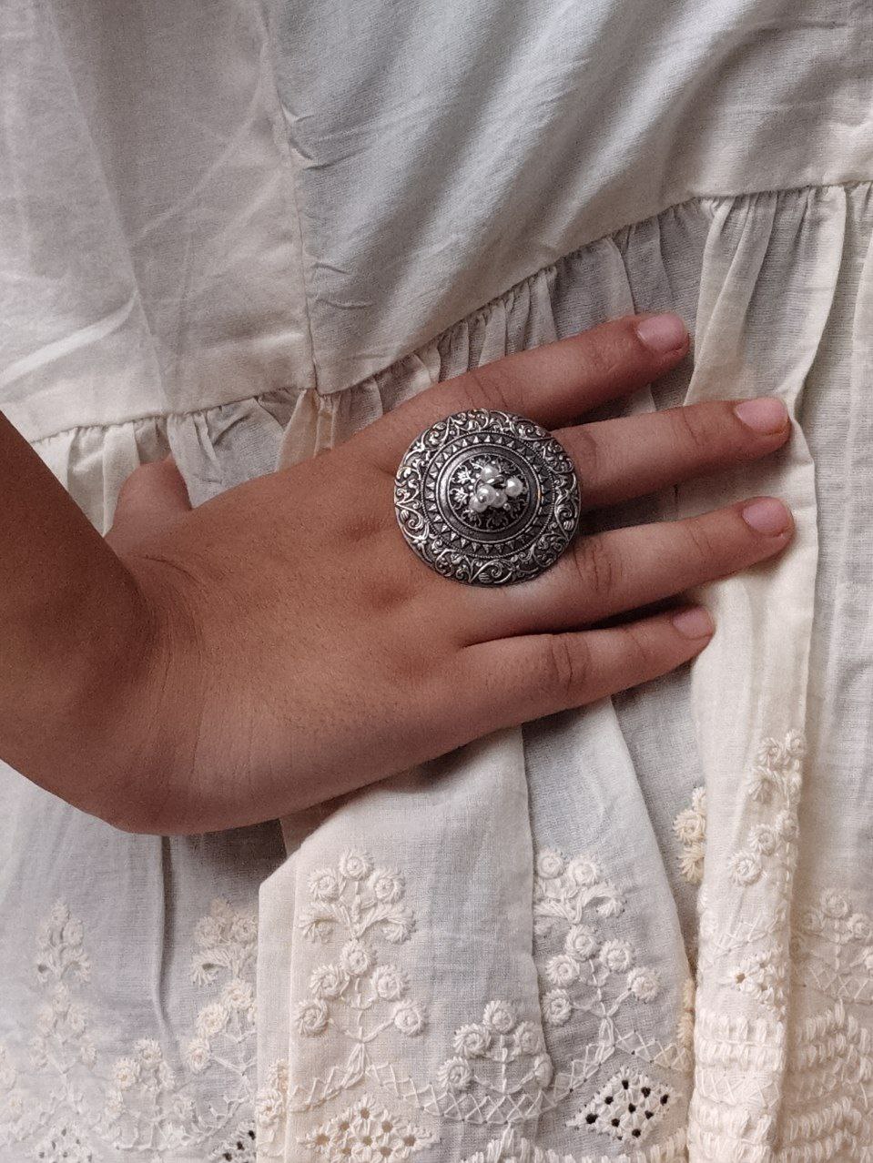 Adjustable Floral Art Pearl Work Ring | Oxidized Silver Replica Ethnic Perfect Jewelry for Women 4 Oxidized Silver Replica Floral Art Pearl Work Adjustable Ring for Women