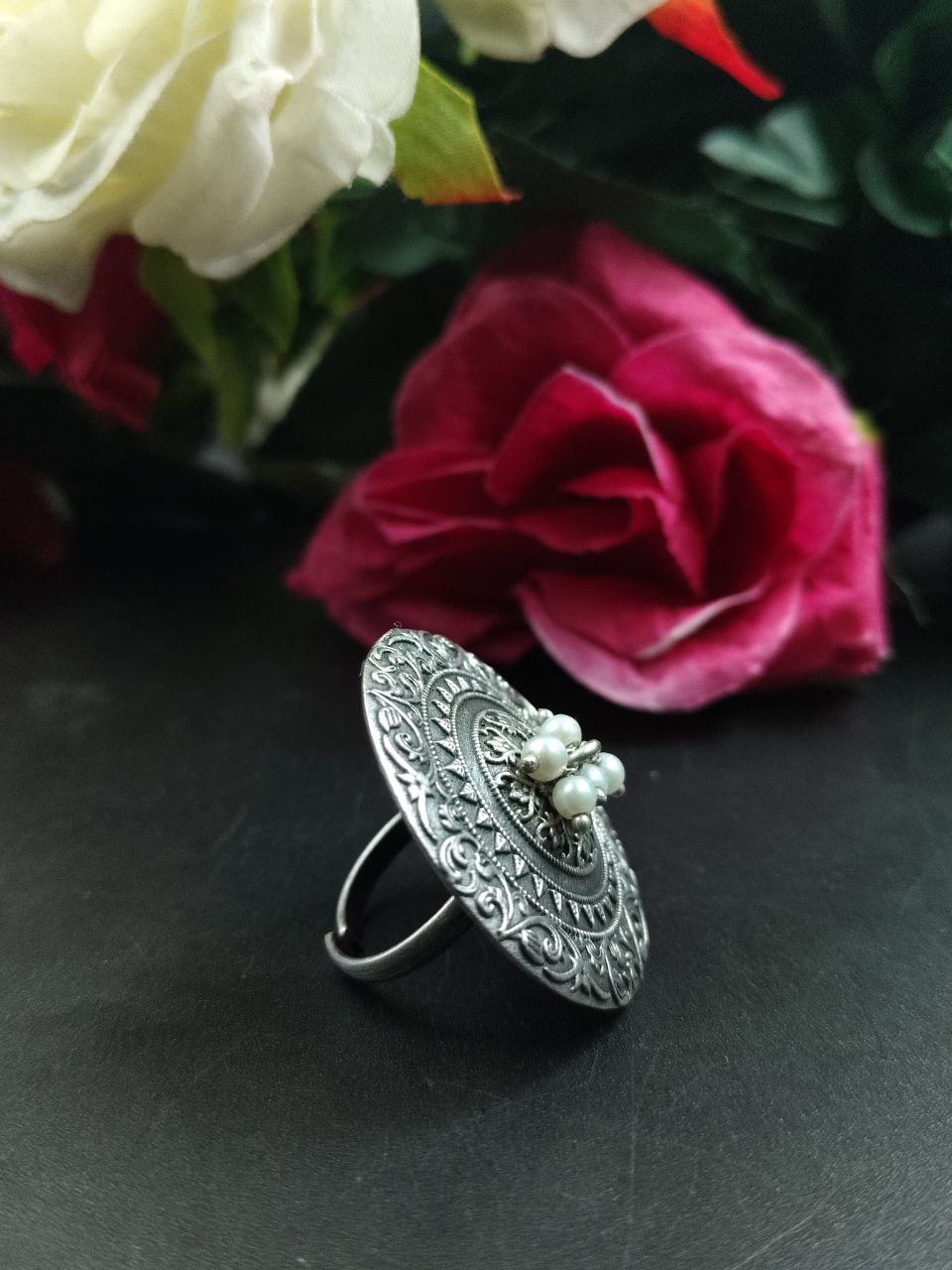 Adjustable Floral Art Pearl Work Ring | Oxidized Silver Replica Ethnic Perfect Jewelry for Women 6 Oxidized Silver Replica Floral Art Pearl Work Adjustable Ring for Women