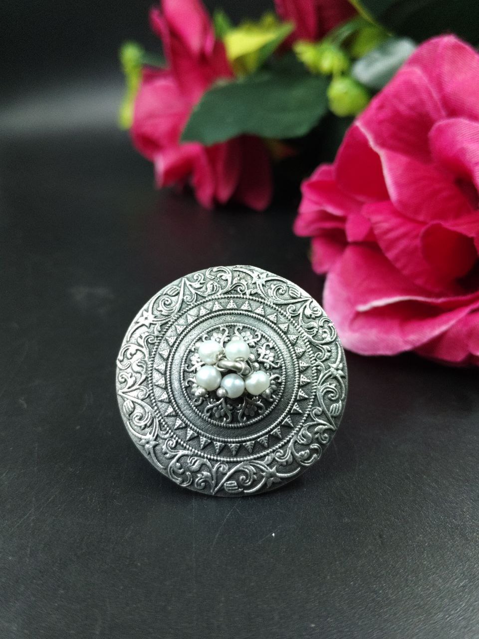 Adjustable Floral Art Pearl Work Ring | Oxidized Silver Replica Ethnic Perfect Jewelry for Women 3 Oxidized Silver Replica Floral Art Pearl Work Adjustable Ring for Women