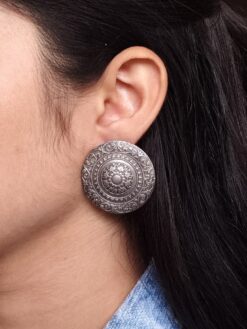 Floral Art Oxidized Silver Replica Stud Earrings for Women