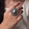 Vintage oxidized astrological sign adjustable silver replica ring for women