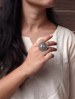 Handcrafted oxidized stone adjustable ring silver replica ethnic for women.