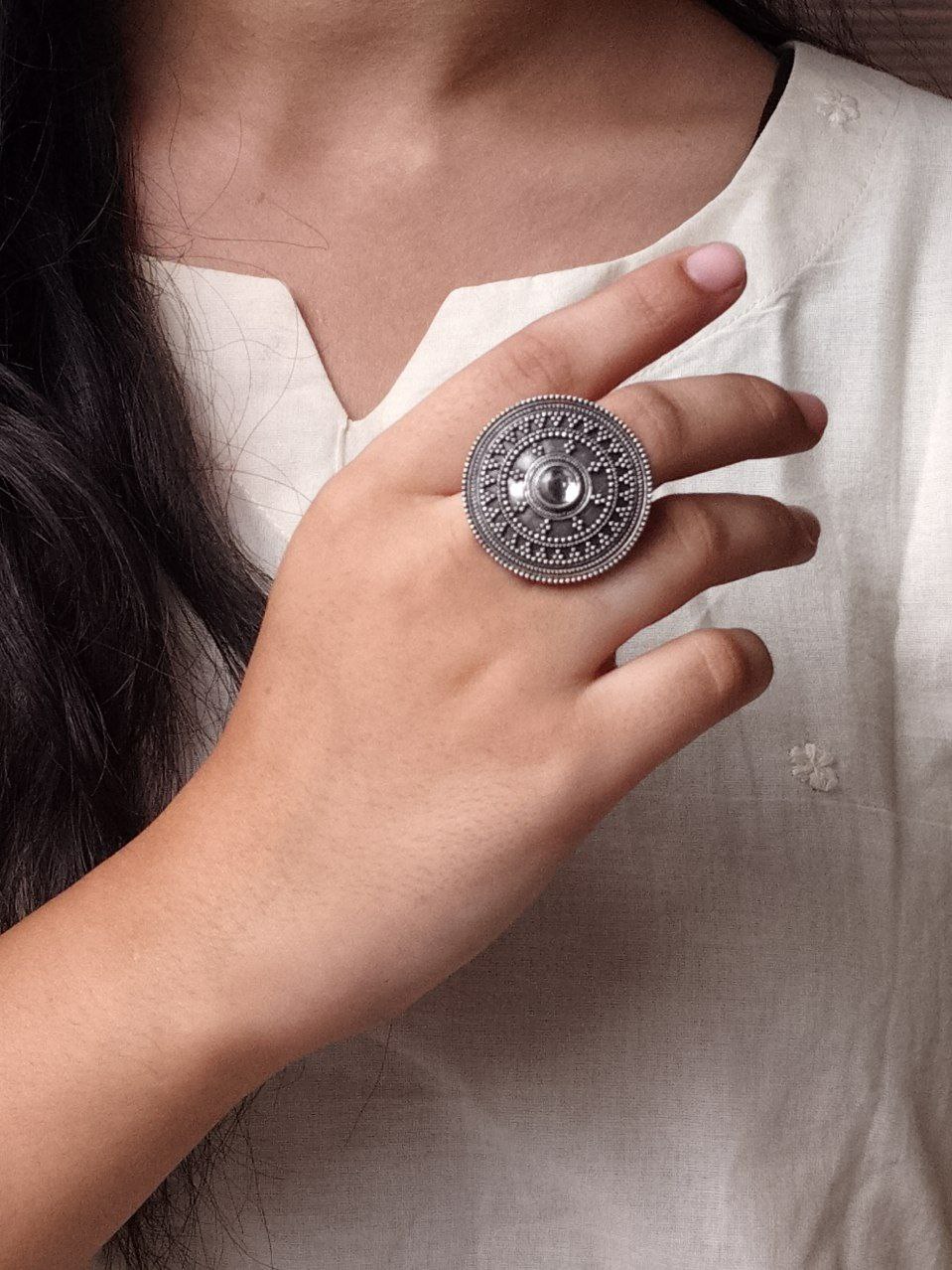 Handcrafted Stone Adjustable Ring | Best Oxidized Silver Replica Ethnic Wear 7 Handcrafted oxidized stone adjustable silver replica ethnic ring for women.