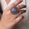Handcrafted Stone Adjustable Ring | Best Oxidized Silver Replica Ethnic Wear 11 Handcrafted oxidized stone adjustable silver replica ethnic ring for women.