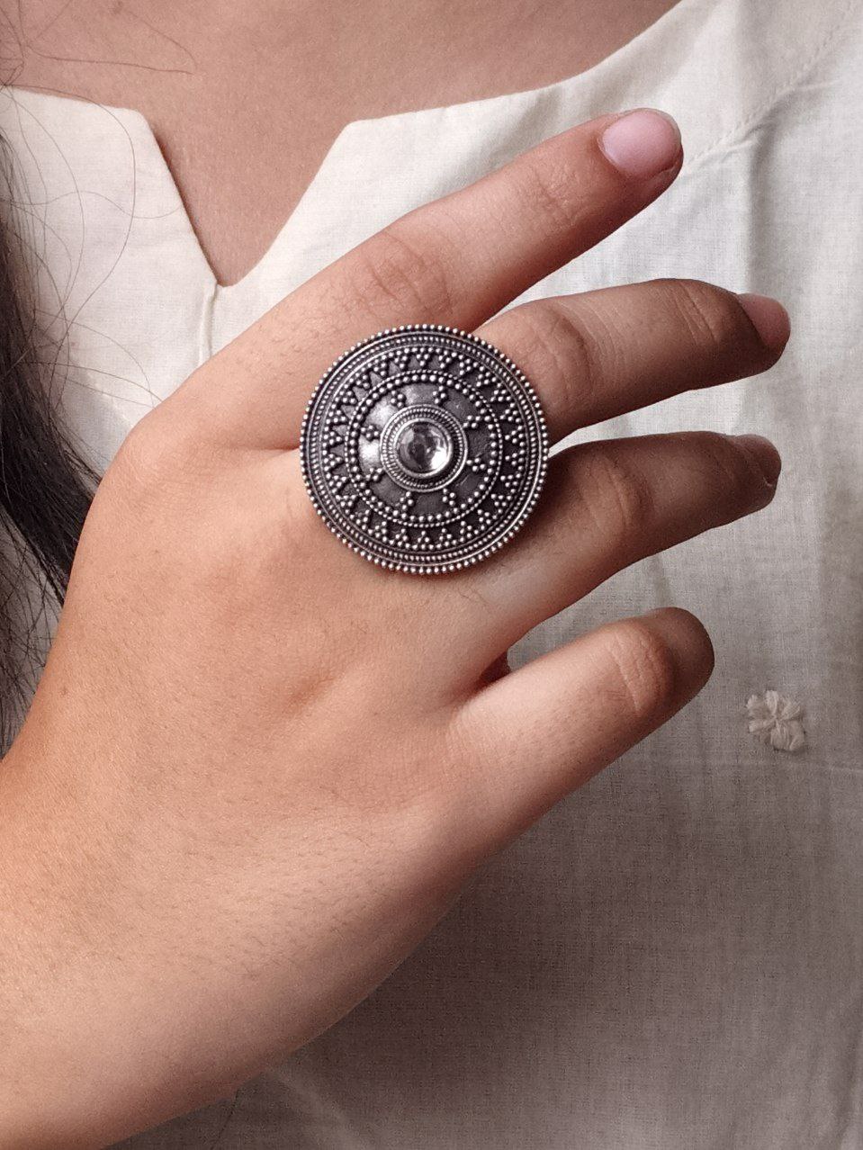 Handcrafted Stone Adjustable Ring | Best Oxidized Silver Replica Ethnic Wear 5 Handcrafted oxidized stone adjustable silver replica ethnic ring for women.