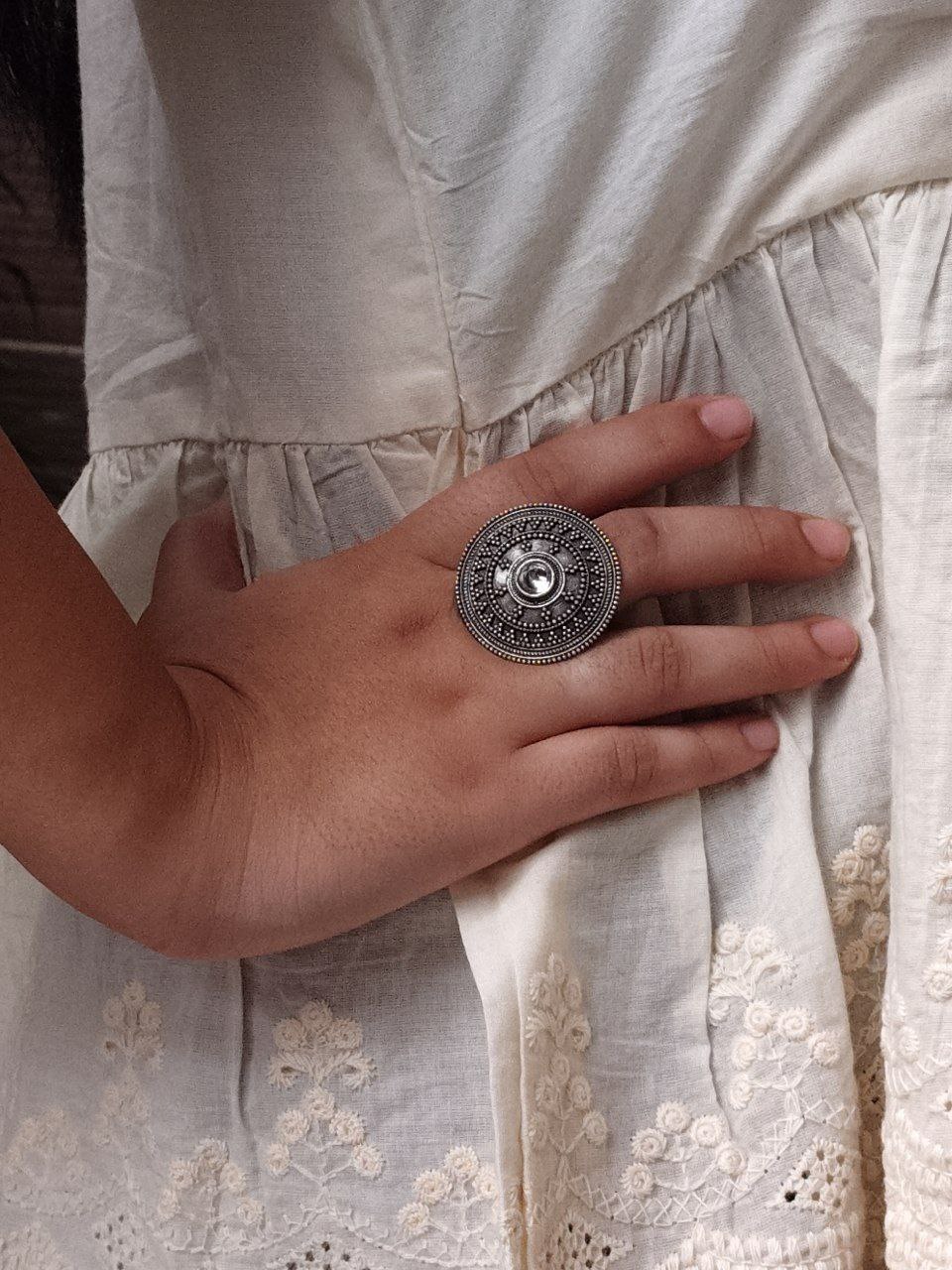Handcrafted Stone Adjustable Ring | Best Oxidized Silver Replica Ethnic Wear 2 Handcrafted oxidized stone adjustable silver replica ethnic ring for women.