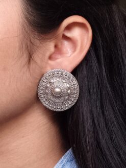 silver look oxidized stud earrings for women