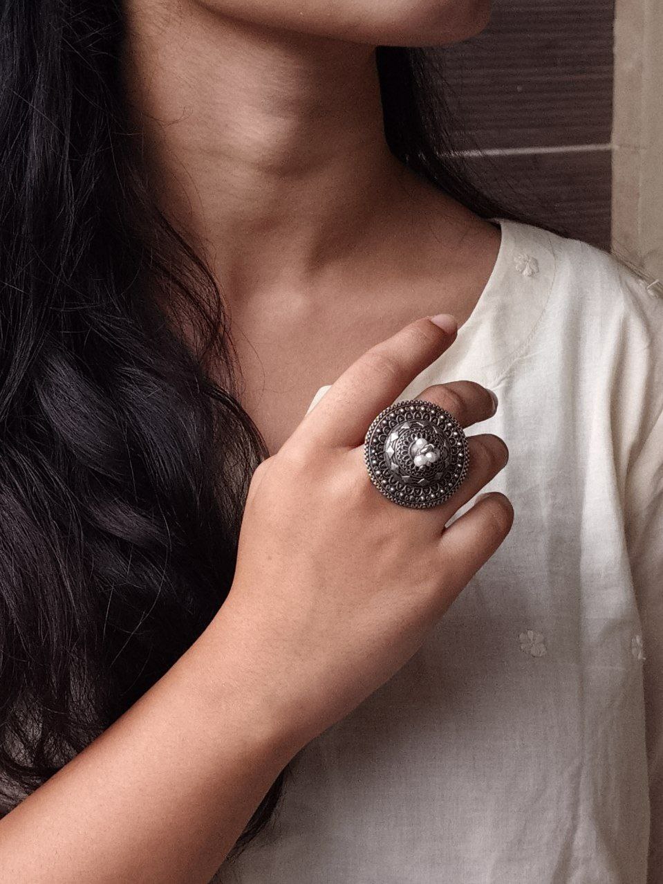 Designer Silver Touch Oxidized Ring | Perfect Gift for Women & Girls 1 oxidized ring silver touch adjustable for women