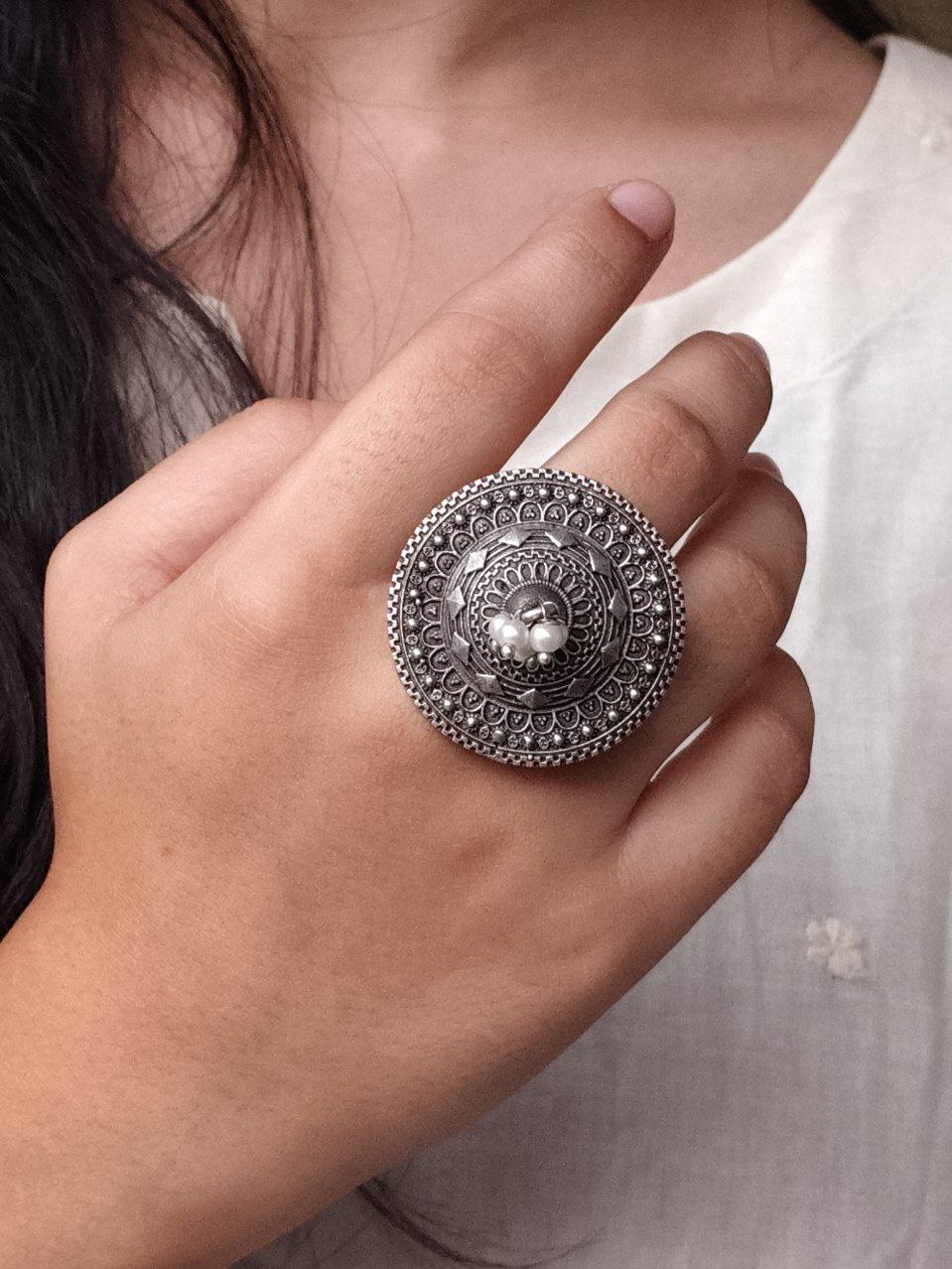 Designer Silver Touch Oxidized Ring | Perfect Gift for Women & Girls 6 oxidized silver touch adjustable ring for women