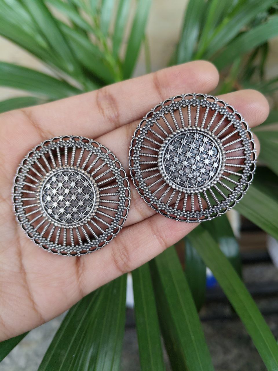 Traditional Oxidized Stud Earrings | Ethnic Look Alike Silver Touch Best Fashionable Jewelry 2 ethnic silver touch oxidized stud earrings for women