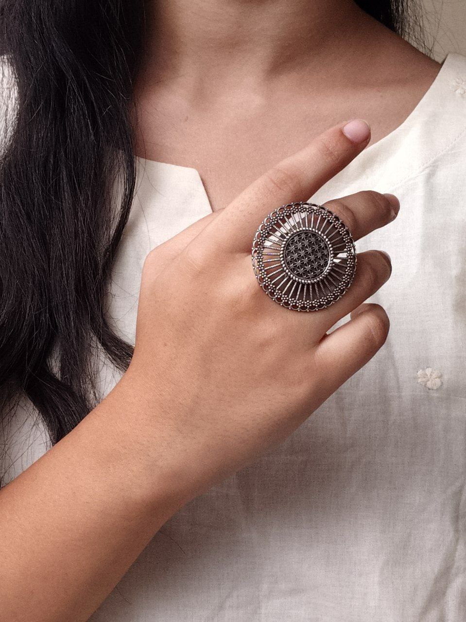 Vintage Look Oxidized Adjustable Ring | Best Silver Finish Stylish Women’s Jewelry 3 Oxidized adjustable silver finish ring with vintage traditional design for women.
