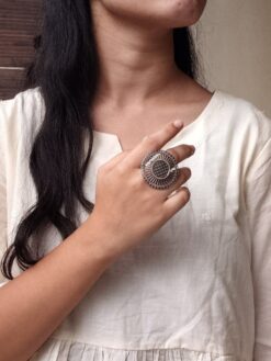 Oxidized adjustable ring with vintage traditional design for women.