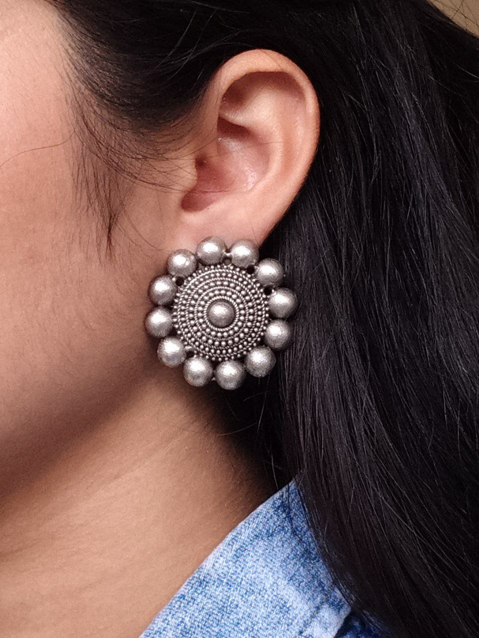 Silver Look Alike Round Stud Earrings | Lightweight Oxidized Daily Use Perfect Earring For Girls 1 Oxidized silver look alike round stud earrings for daily wear.