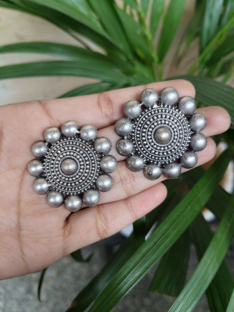 Silver Look Alike Round Stud Earrings | Lightweight Oxidized Daily Use Perfect Earring For Girls 4 Oxidized silver look alike round stud earrings for daily wear.