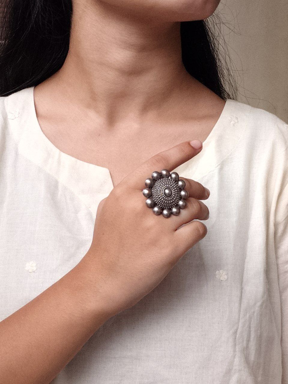 Traditional Round Design Ring | Oxidized Silver Replica Best Jewelry 7 Traditional round oxidized silver replica adjustable ring for women.