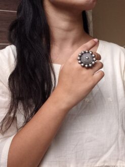 Traditional round oxidized silver replica adjustable ring for women.