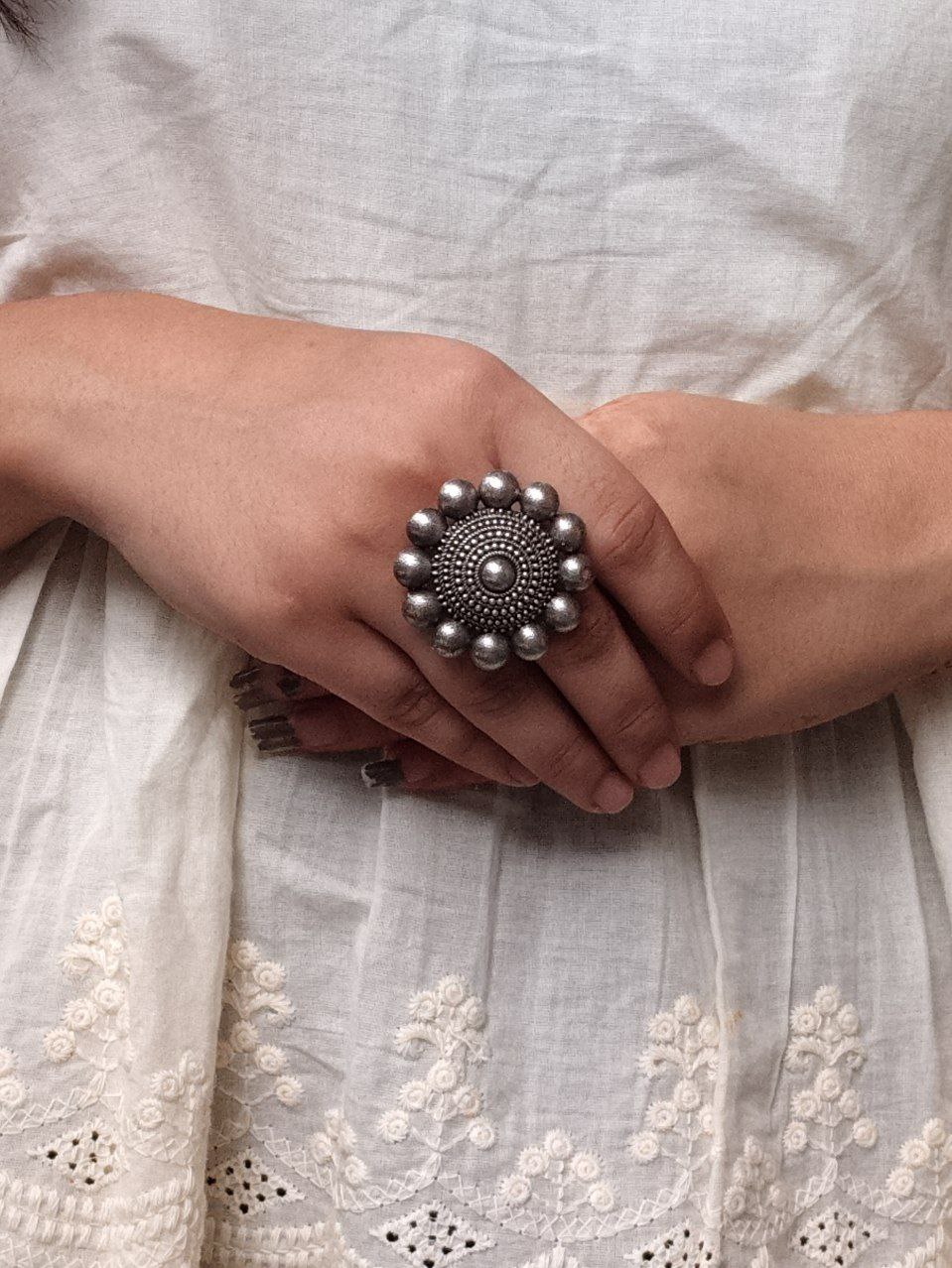 Traditional Round Design Ring | Oxidized Silver Replica Best Jewelry 3 Traditional round oxidized silver replica adjustable ring for women.