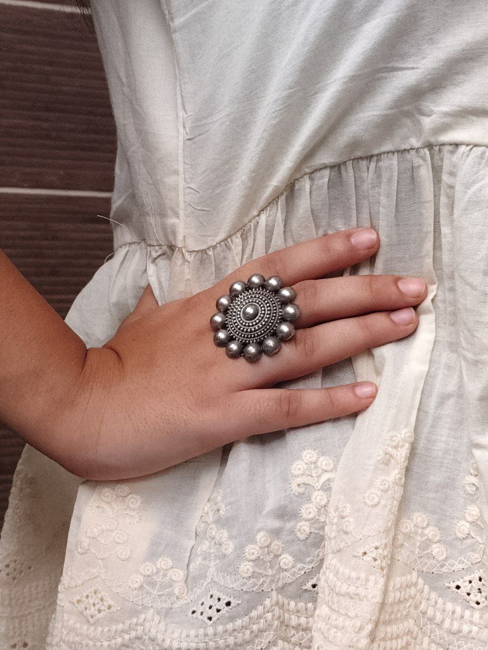 Traditional Round Design Ring | Oxidized Silver Replica Best Jewelry 2 Traditional round oxidized silver replica adjustable ring for women.