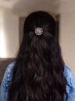 Oxidized round design silver replica hair pin for bun styling.