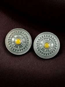 Elegant Silver Look Round Stud Earrings with Stone | Everyday Wear Perfect Jewelry For Girls - color: "Yellow"