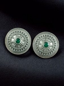 Elegant Silver Look Round Stud Earrings with Stone | Everyday Wear Perfect Jewelry For Girls - color: "Green"
