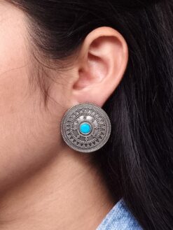 Silver look round stud earrings with stone for daily wear.