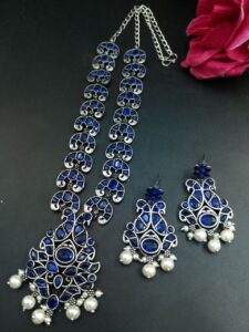 Ethnic Peacock Long Necklace with Stone & Pearl Work – Best Traditional Jewelry For Women - color: "Blue"