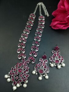Ethnic Peacock Long Necklace with Stone & Pearl Work – Best Traditional Jewelry For Women - color: "Red"