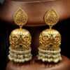 Gold Plated Floral Art Jhumka Earrings with Pearl Drops