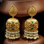 Bulk 334 Traditional Floral Art Gold Plated Jhumka Earrings | Stone & Pearl Detailing Unique Dangler Jewelry For Women - "Green"