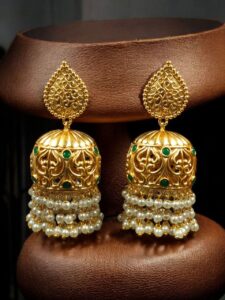 Traditional Floral Art Gold Plated Jhumka Earrings | Stone & Pearl Detailing Unique Dangler Jewelry For Women - color: "Green"