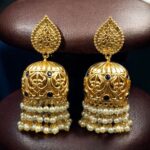 Bulk 336 Traditional Floral Art Gold Plated Jhumka Earrings | Stone & Pearl Detailing Unique Dangler Jewelry For Women - "Blue"