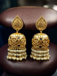 Traditional Floral Art Gold Plated Jhumka Earrings | Stone & Pearl Detailing Unique Dangler Jewelry For Women - color: "Blue"