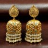 Gold Plated Floral Art Jhumka Earrings with Pearl Drops