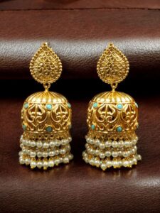 Traditional Floral Art Gold Plated Jhumka Earrings | Stone & Pearl Detailing Unique Dangler Jewelry For Women - color: "Aqua"