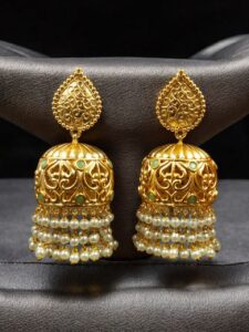 Traditional Floral Art Gold Plated Jhumka Earrings | Stone & Pearl Detailing Unique Dangler Jewelry For Women - color: "Mint"