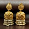 Gold Plated Floral Art Jhumka Earrings with Pearl Drops