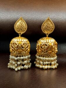 Traditional Floral Art Gold Plated Jhumka Earrings | Stone & Pearl Detailing Unique Dangler Jewelry For Women - color: "Yellow"