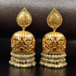 Bulk 346 Traditional Floral Art Gold Plated Jhumka Earrings | Stone & Pearl Detailing Unique Dangler Jewelry For Women - "Red"