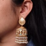 Traditional Floral Art Gold Plated Jhumka Earrings | Stone & Pearl Detailing Unique Dangler Jewelry For Women