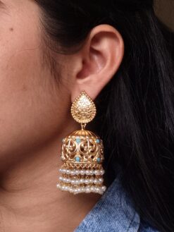 Floral Art Gold Plated Jhumka Earrings with Pearl Drops