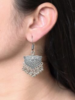 Lightweight ghungroo hook earrings with German silver floral art dangler design for women.