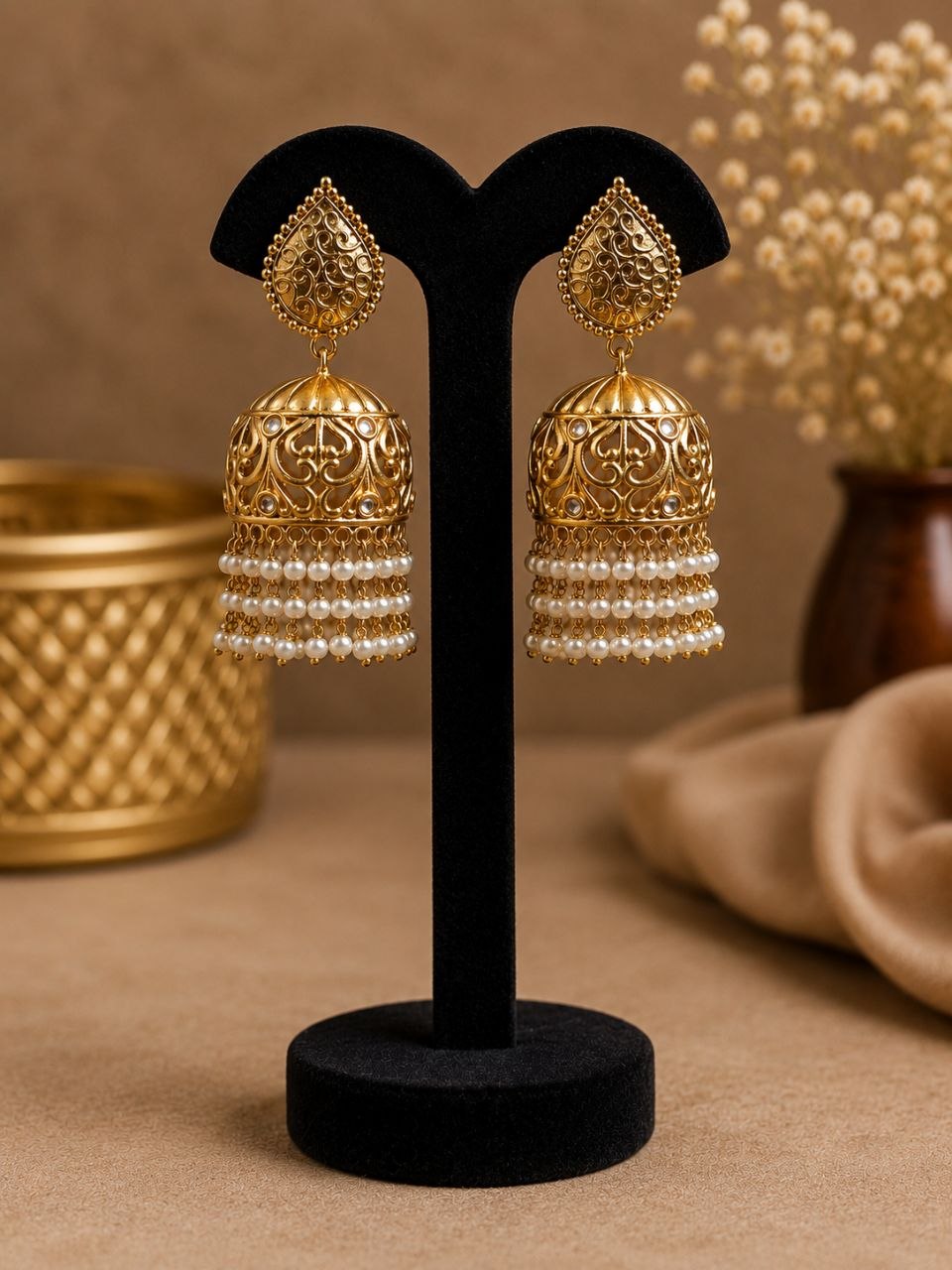 Traditional Floral Art Gold Plated Jhumka Earrings | Stone & Pearl Detailing Unique Dangler Jewelry For Women 11 Floral Art Gold Plated Jhumka Earrings with Pearl Drops