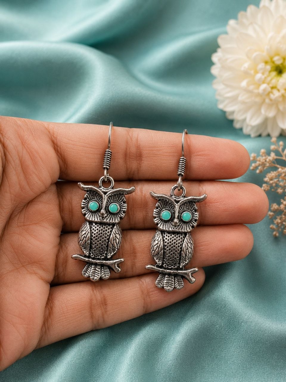 Trendy Owl Hook Earrings | German Silver Ethnic Dangler Stone Best Jewelry for Everyday Style 10 German Silver Owl Hook Earrings with Stone Work