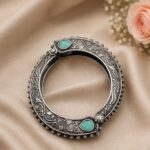 Traditional Floral Art Stone Oxidized Bangle | Silver Replica Openable Kada Ethnic Best Jewelry - "Mint"