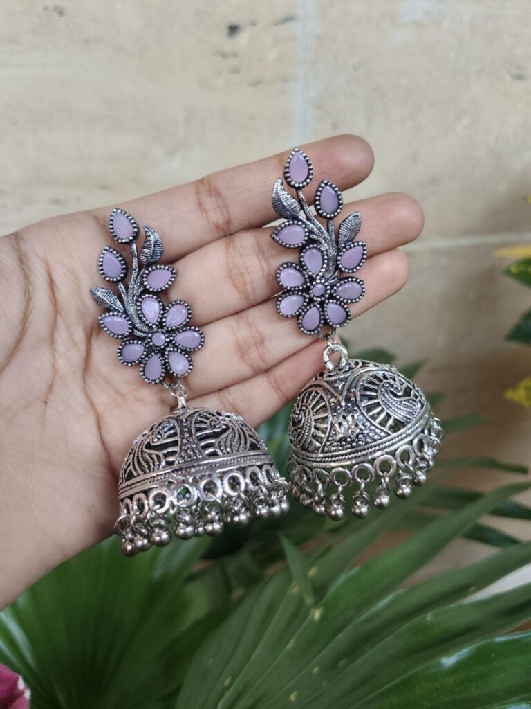 Oxidised Jambo Size Jhumka Earrings | Traditional Stone Work Oxidised Earring