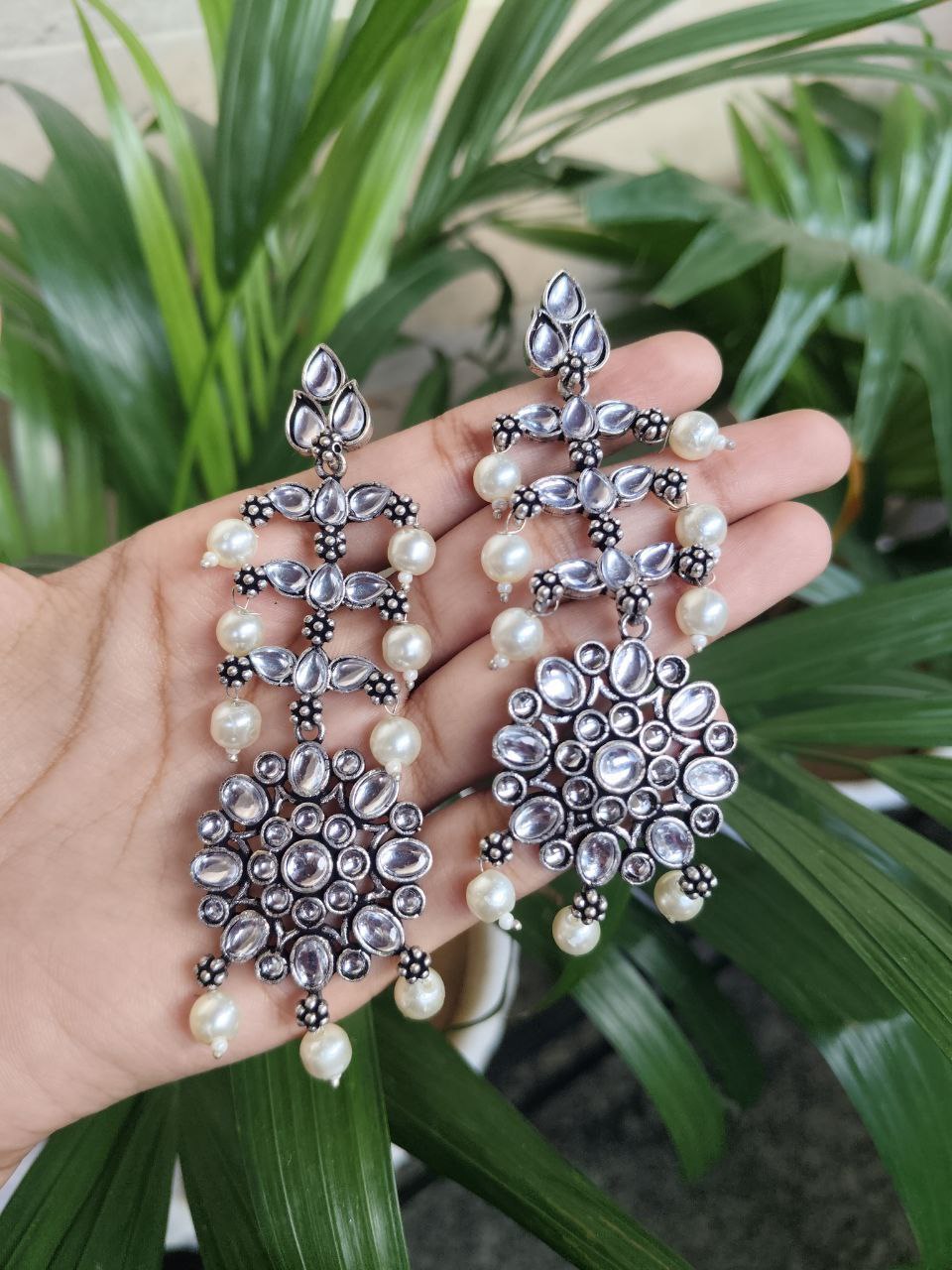 Silver Plated Long Dangler Earrings With Stone And Pearl Work Lightweight Design 1 Silver Plated Long Dangler Earrings With Stone And Pearl Work Lightweight Design