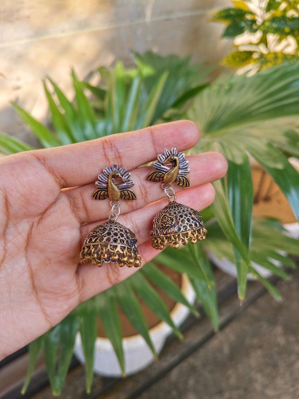 Two-Tone Peacock Dangler Earrings With Elegant Traditional Design 1 Two-Tone Peacock Dangler Earrings With Elegant Traditional Design